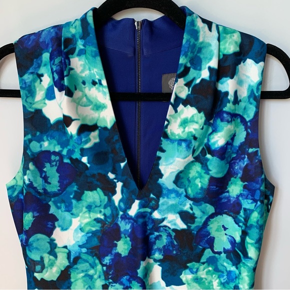 SZ 6 VINCE CAMUTO SLEEVELESS V-NECK LINED SHEATH MIDI DRESS BLUE GREEN TURQUOISE - Picture 2 of 8